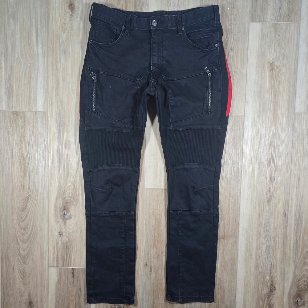 Decibel Distressed Moto Bike Streetwear Y2K Style Black Denim Biker Jeans  36x32